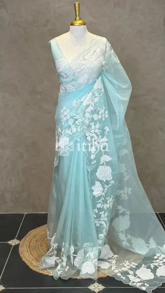 SILK ORGANZA APPLIQUE EMBROIDERY SAREE - LIGHT BLUE