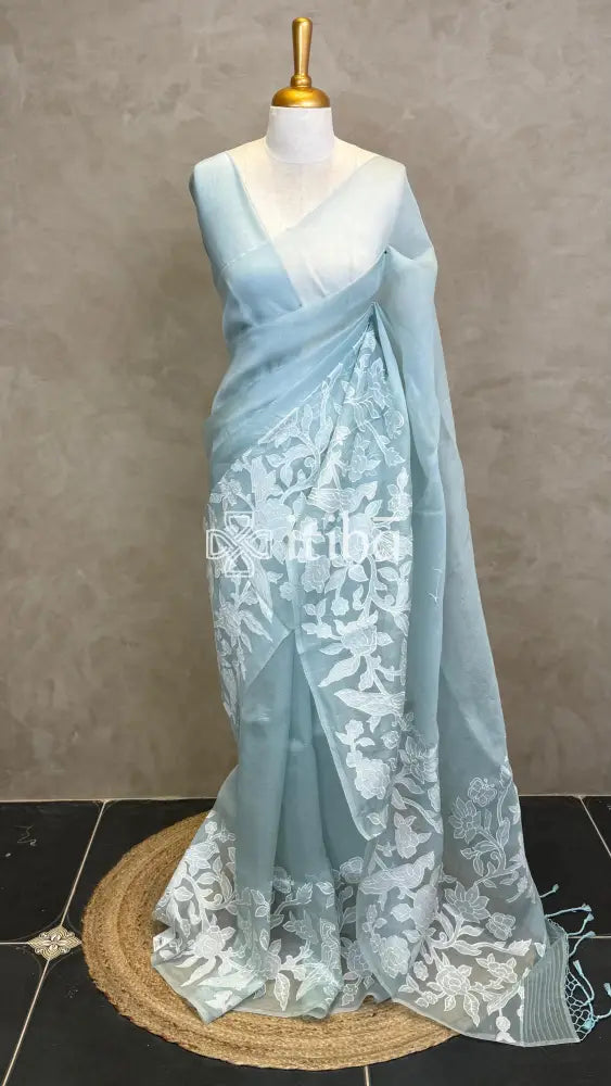 SILK ORGANZA APPLIQUE EMBROIDERY SAREE - LIGHT BLUE