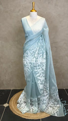 SILK ORGANZA APPLIQUE EMBROIDERY SAREE - LIGHT BLUE