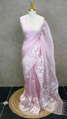 SILK ORGANZA APPLIQUE EMBROIDERY SAREE - LIGHT PINK