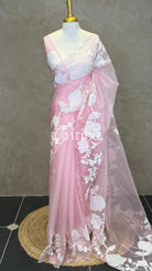 SILK ORGANZA APPLIQUE EMBROIDERY SAREE - LIGHT PINK