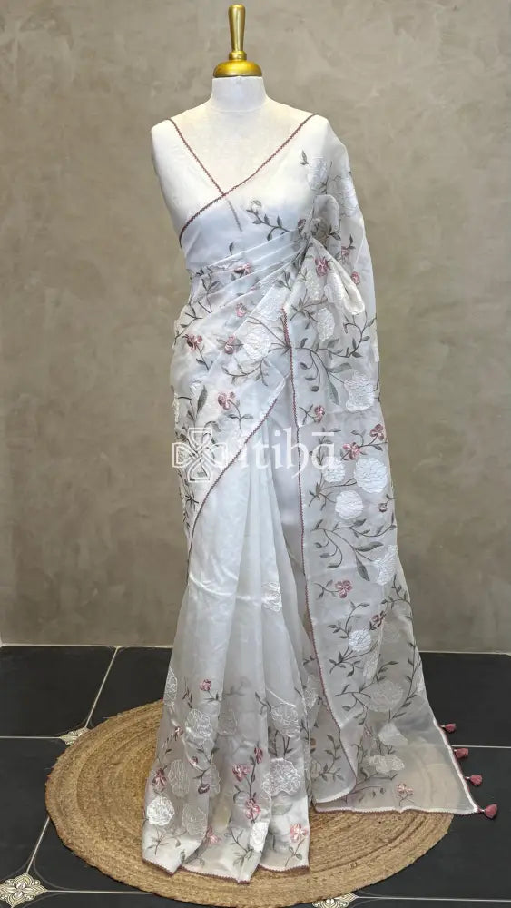 SILK ORGANZA APPLIQUE EMBROIDERY SAREE - MAUVE PINK
