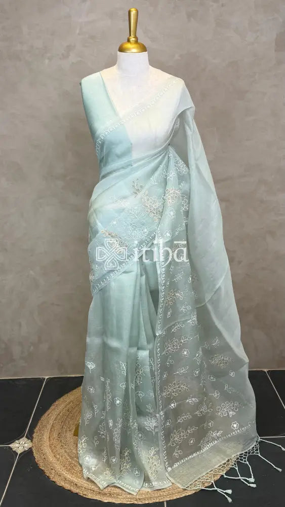 SILK ORGANZA APPLIQUE EMBROIDERY SAREE - MINT AQUA