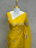 SILK ORGANZA APPLIQUE EMBROIDERY SAREE - mustard yellow