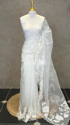 SILK ORGANZA APPLIQUE EMBROIDERY SAREE - OFF WHITE