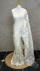 SILK ORGANZA APPLIQUE EMBROIDERY SAREE - OFF WHITE