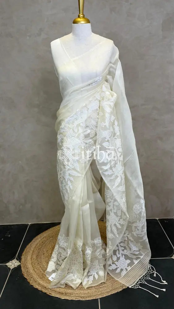 SILK ORGANZA APPLIQUE EMBROIDERY SAREE - OFF WHITE