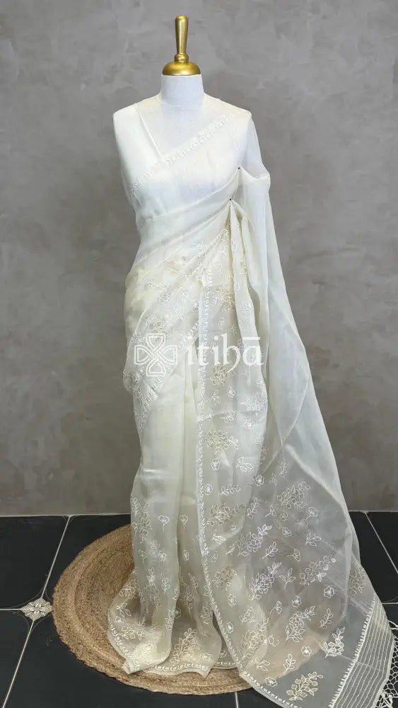 SILK ORGANZA APPLIQUE EMBROIDERY SAREE - OFF WHITE