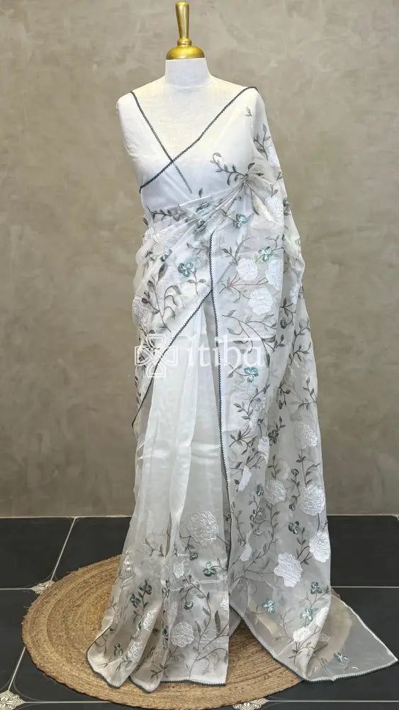 SILK ORGANZA APPLIQUE EMBROIDERY SAREE - PASTEL AQUA MINT
