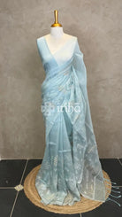 SILK ORGANZA APPLIQUE EMBROIDERY SAREE - PASTEL BLUE