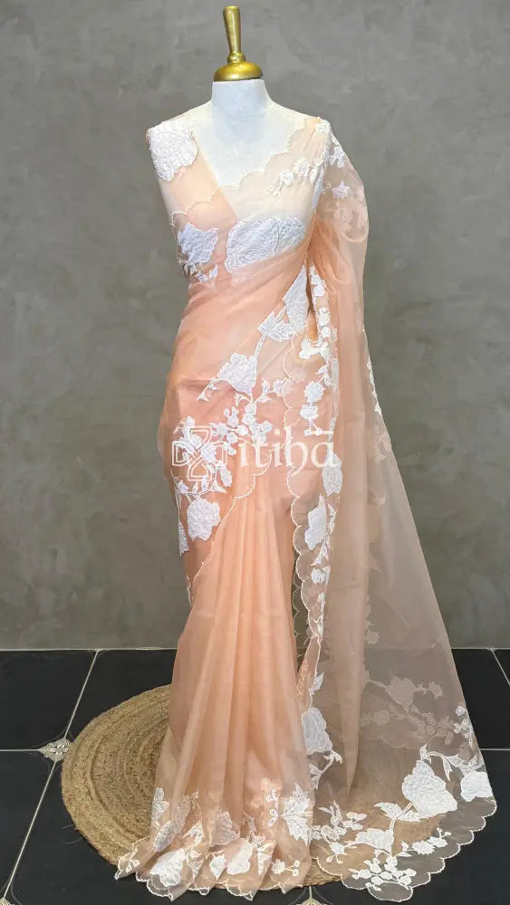 SILK ORGANZA APPLIQUE EMBROIDERY SAREE - PEACH