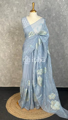 SILK ORGANZA APPLIQUE EMBROIDERY SAREE - POWDER BLUE