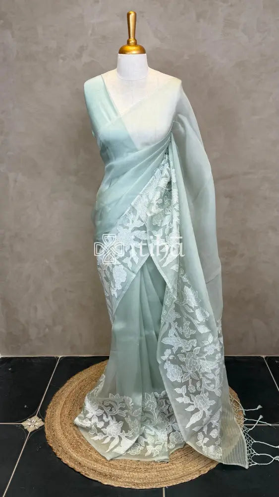 SILK ORGANZA APPLIQUE EMBROIDERY SAREE - SAGE MINT