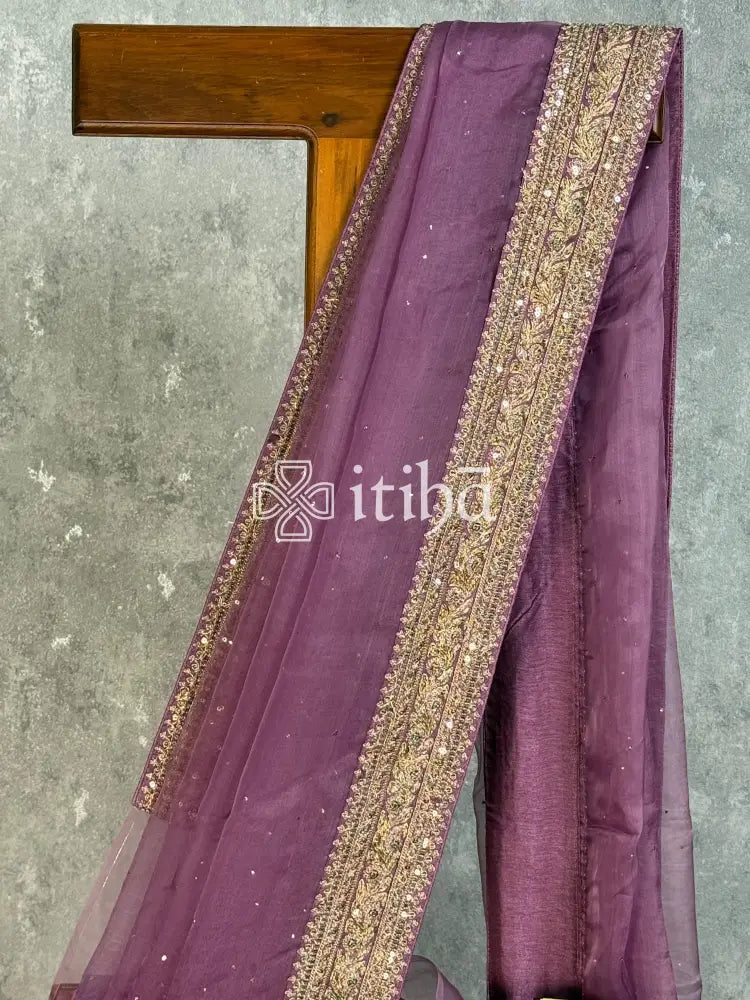 SILK ORGANZA BADLA WORK SAREE - muted plum