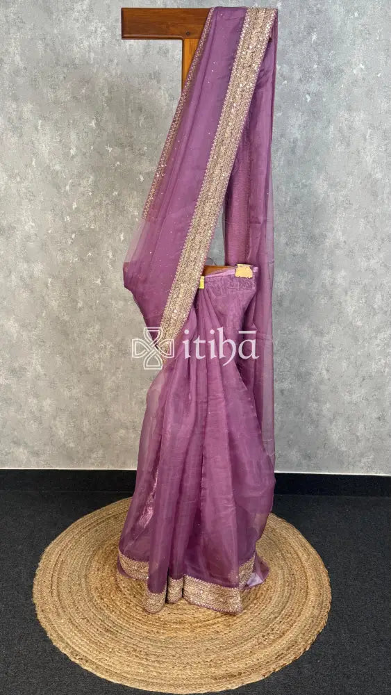 SILK ORGANZA BADLA WORK SAREE - muted plum