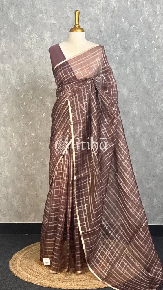 SILK ORGANZA BANARASI SAREE - DUSTY WINE