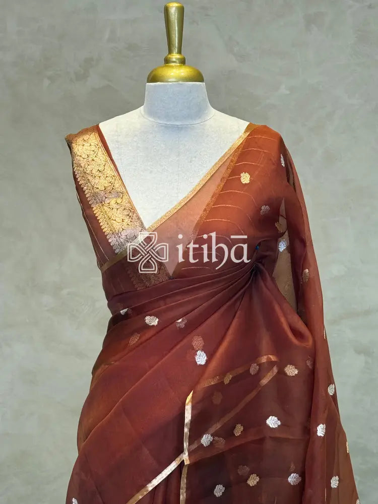 SILK ORGANZA BANARASI SAREE - RUST ORANGE