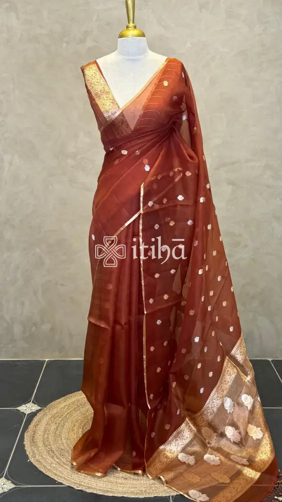 SILK ORGANZA BANARASI SAREE - RUST ORANGE