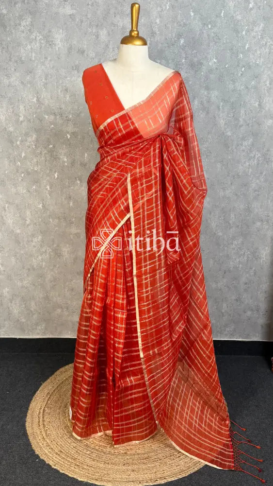 SILK ORGANZA BANARASI SAREE - RUST ORANGE