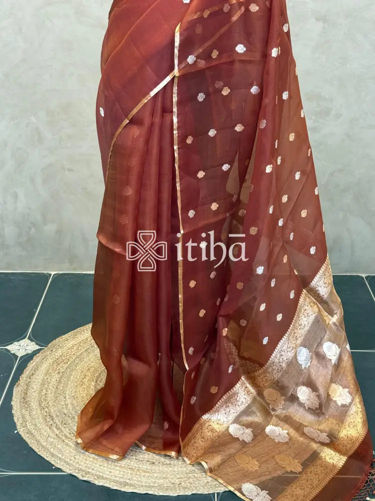 SILK ORGANZA BANARASI SAREE - RUST ORANGE