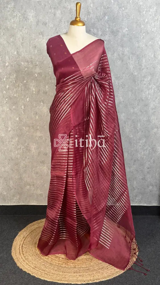 SILK ORGANZA BANARASI SAREE - WINE RED