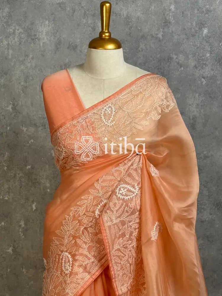 SILK ORGANZA CHIKANKARI EMBROIDERY SAREE