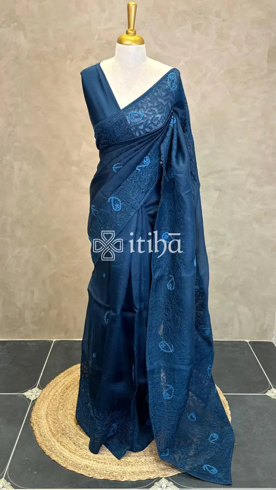 SILK ORGANZA CHIKANKARI EMBROIDERY SAREE