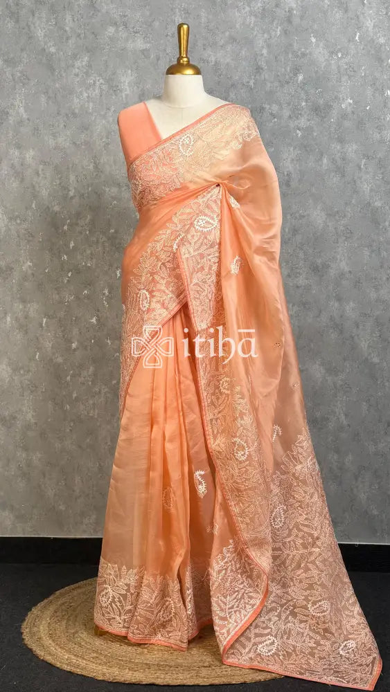 SILK ORGANZA CHIKANKARI EMBROIDERY SAREE