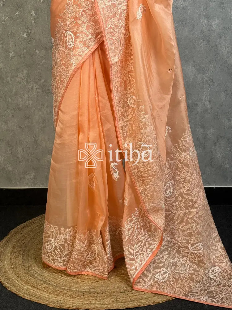 SILK ORGANZA CHIKANKARI EMBROIDERY SAREE