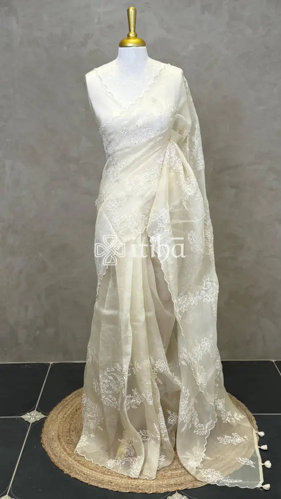 SILK ORGANZA EMBROIDERY SAREE - OFF WHITE