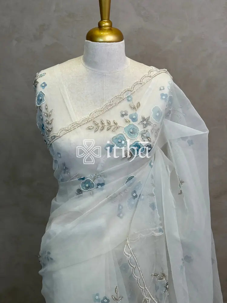 SILK ORGANZA FLORAL PRINTED EMBROIDERY SAREE
