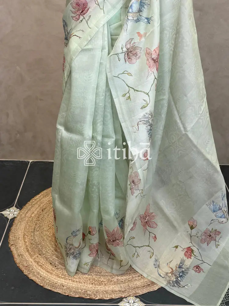 SILK ORGANZA FLORAL PRINTED EMBROIDERY SAREE