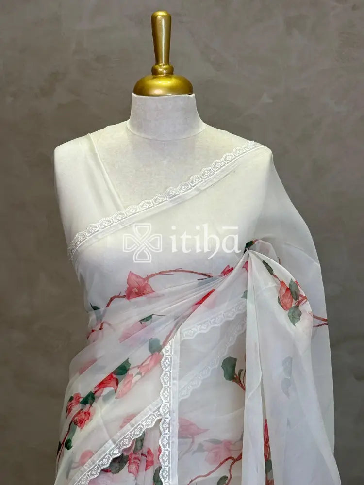 SILK ORGANZA FLORAL PRINTED EMBROIDERY SAREE
