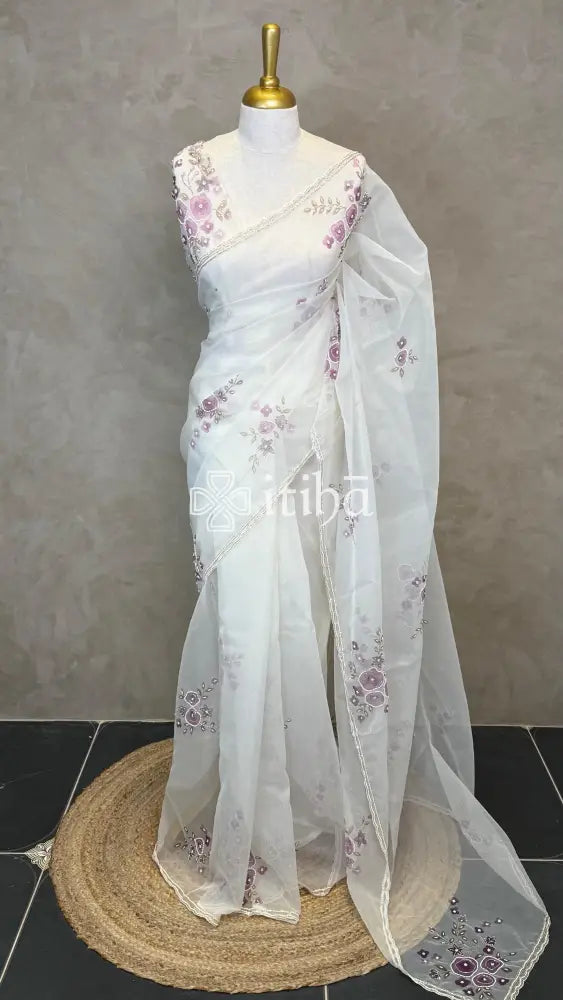 SILK ORGANZA FLORAL PRINTED EMBROIDERY SAREE