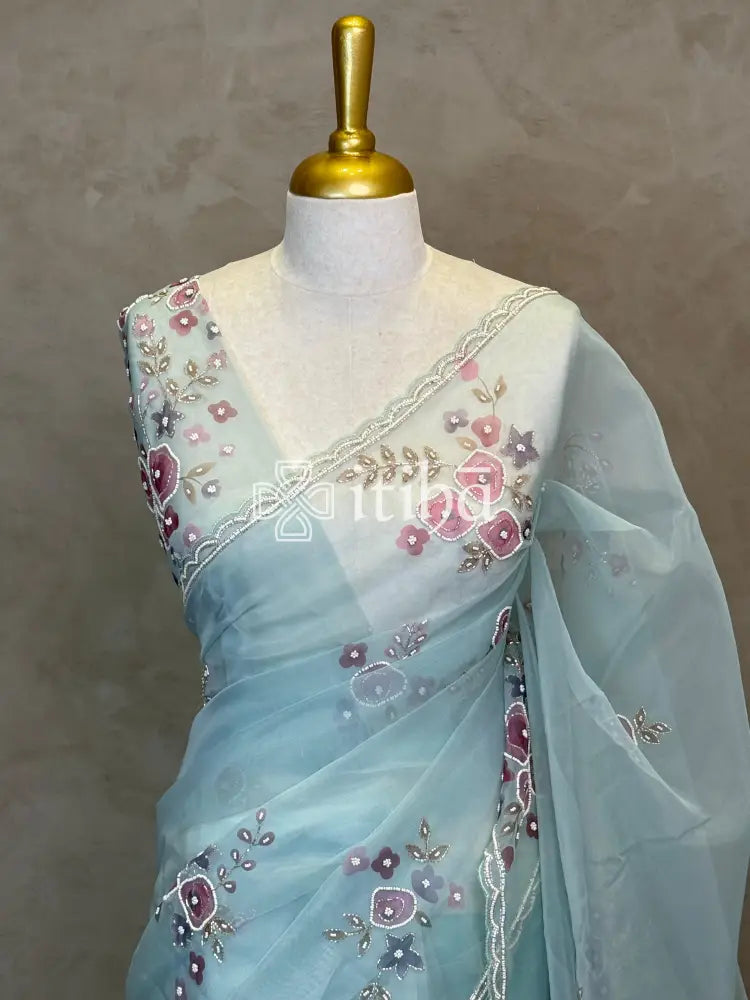 SILK ORGANZA FLORAL PRINTED EMBROIDERY SAREE