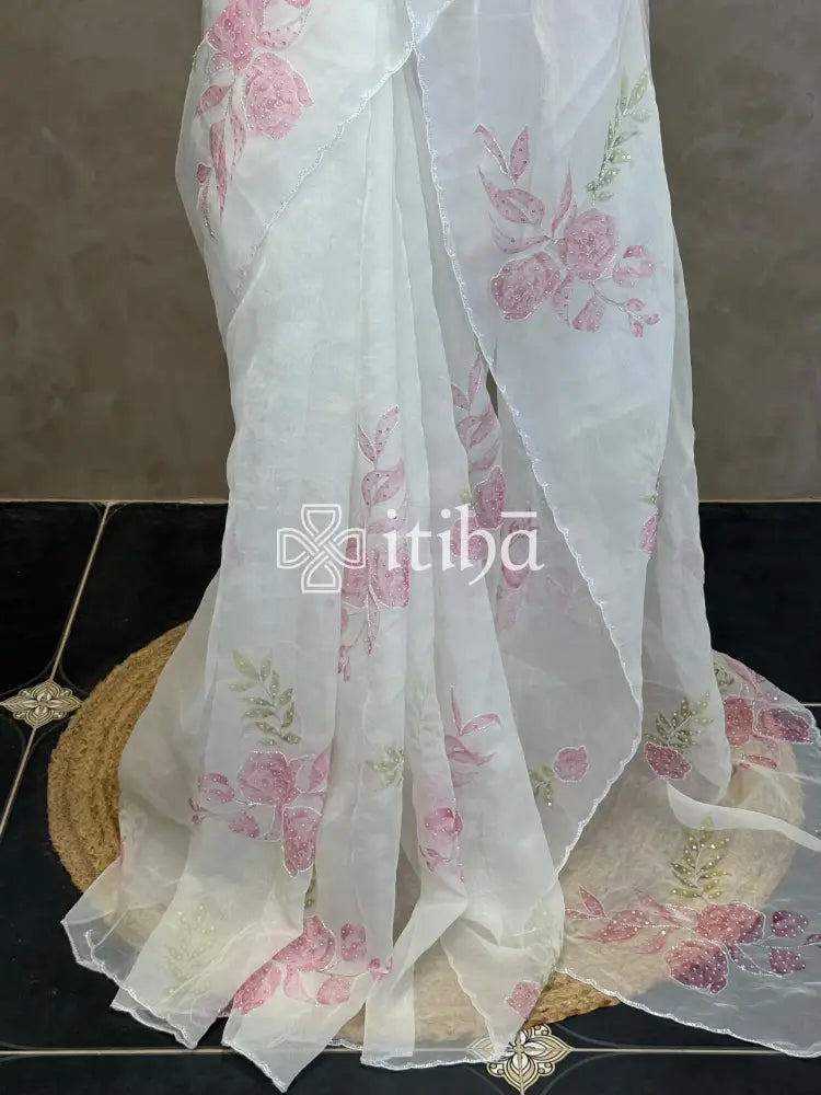 SILK ORGANZA FLORAL PRINTED EMBROIDERY SAREE