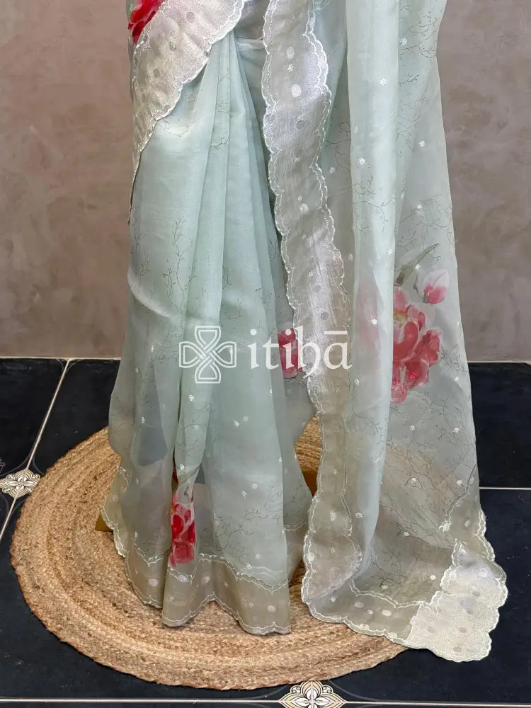 SILK ORGANZA FLORAL PRINTED EMBROIDERY SAREE