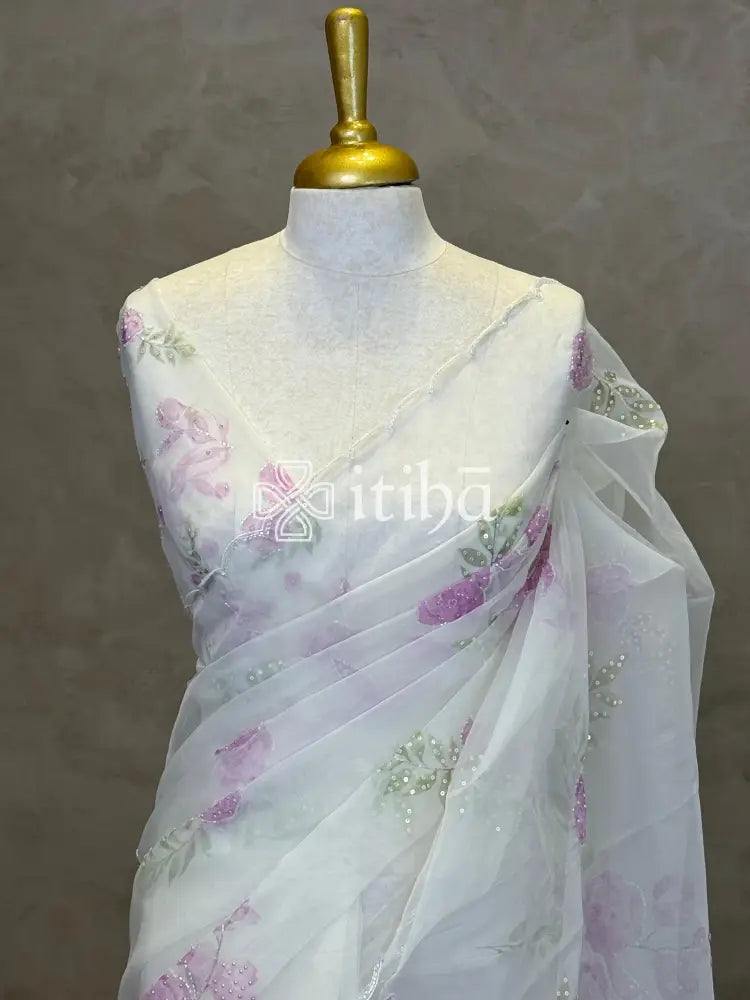 SILK ORGANZA FLORAL PRINTED EMBROIDERY SAREE