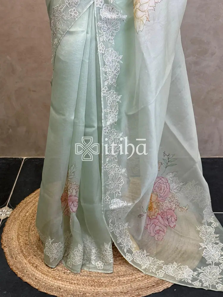 SILK ORGANZA FLORAL PRINTED EMBROIDERY SAREE
