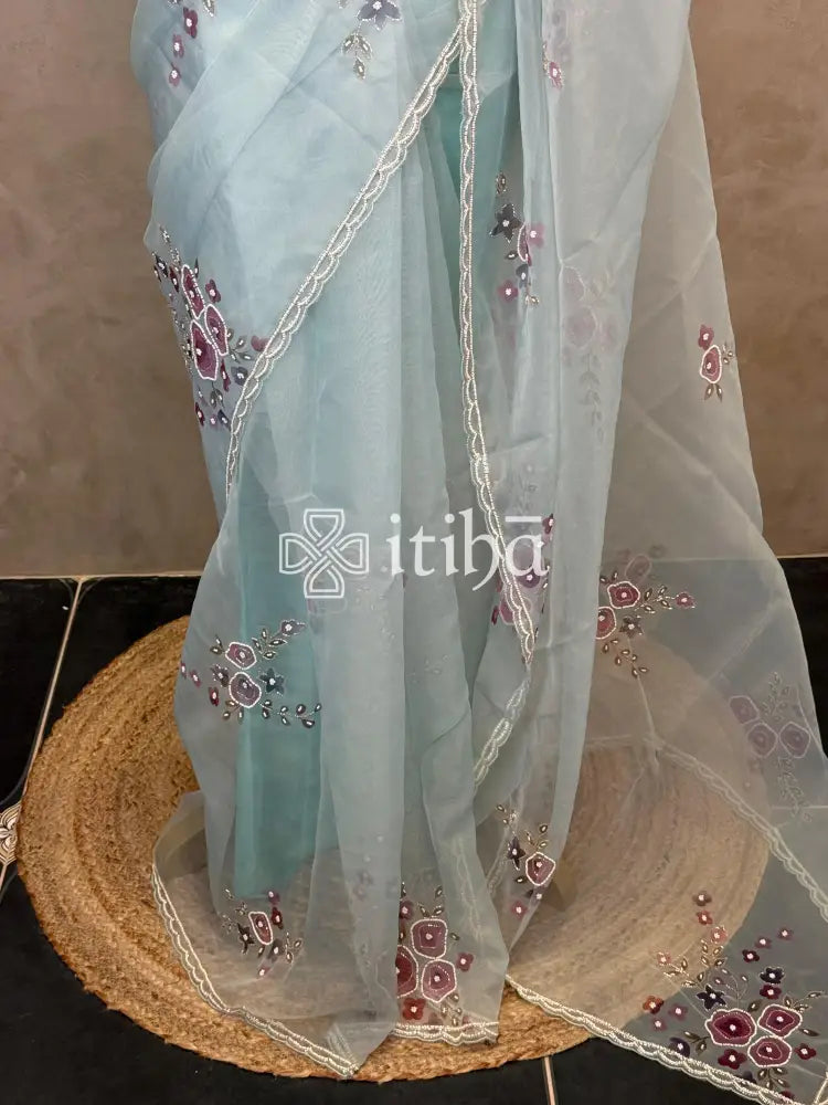SILK ORGANZA FLORAL PRINTED EMBROIDERY SAREE