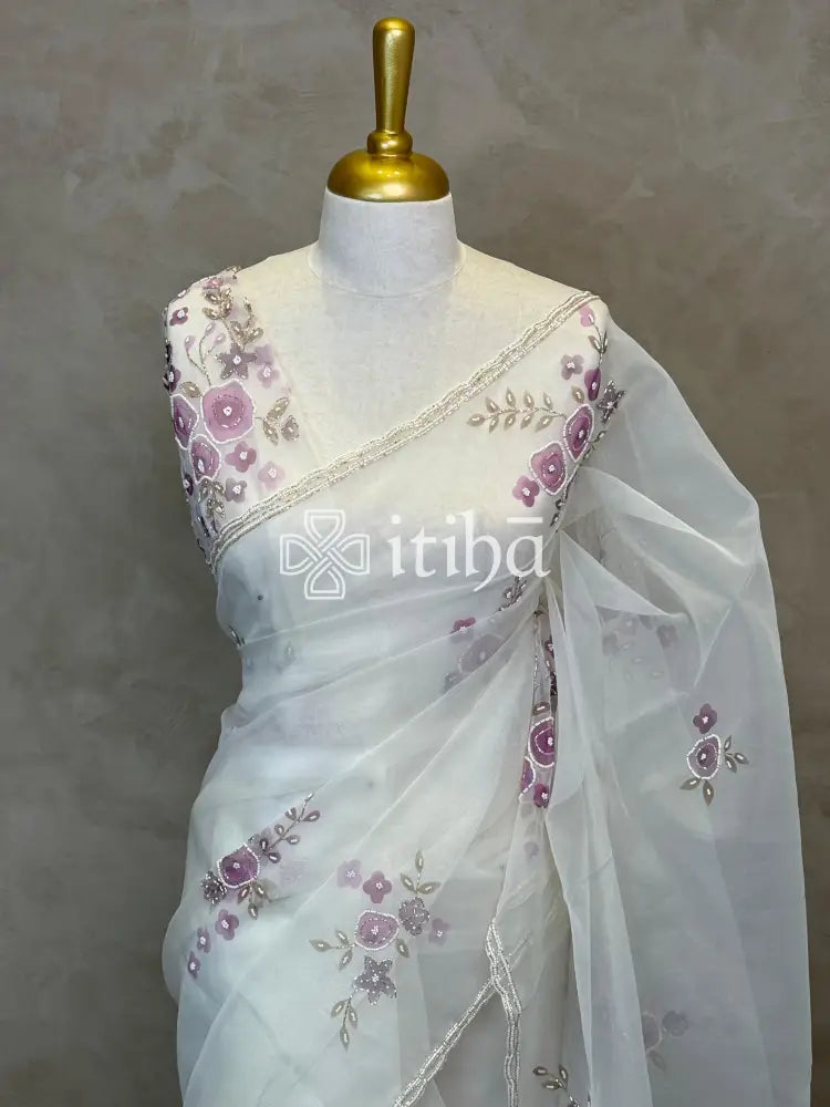 SILK ORGANZA FLORAL PRINTED EMBROIDERY SAREE