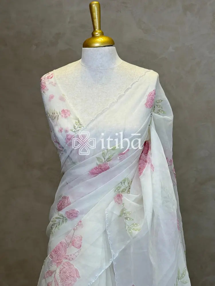 SILK ORGANZA FLORAL PRINTED EMBROIDERY SAREE