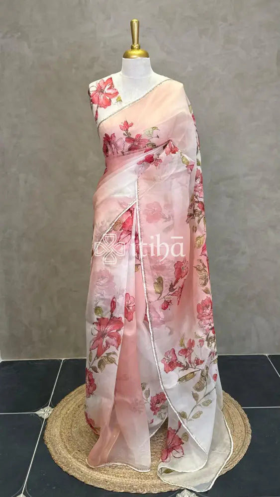 SILK ORGANZA FLORAL PRINTED EMBROIDERY SAREE