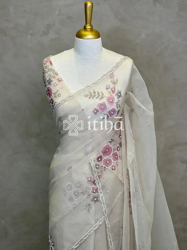 SILK ORGANZA FLORAL PRINTED EMBROIDERY SAREE