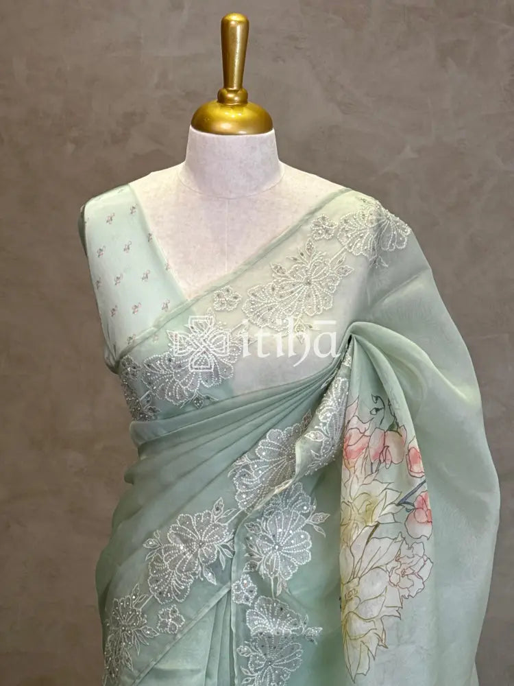 SILK ORGANZA FLORAL PRINTED EMBROIDERY SAREE