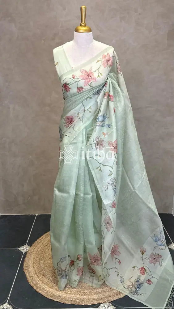 SILK ORGANZA FLORAL PRINTED EMBROIDERY SAREE