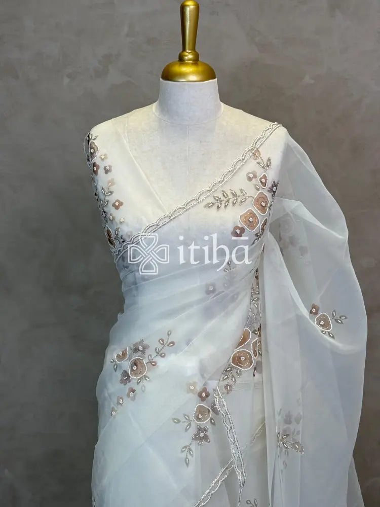 SILK ORGANZA FLORAL PRINTED EMBROIDERY SAREE