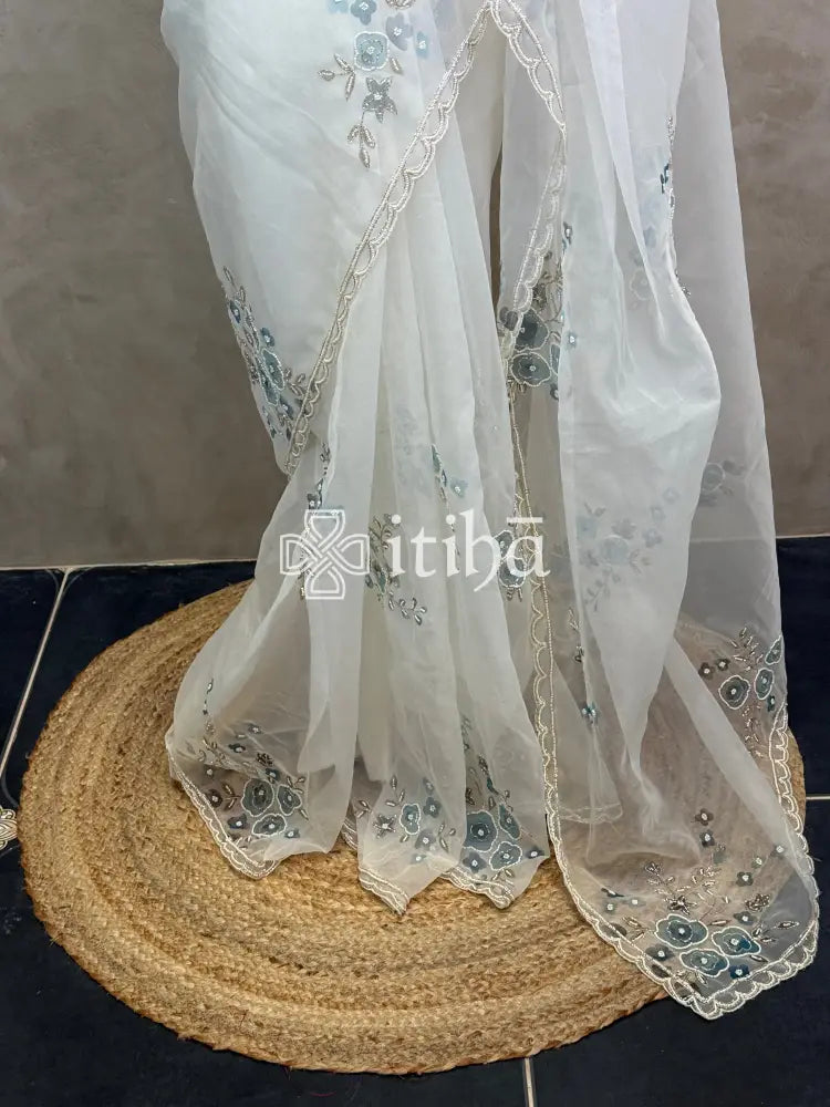 SILK ORGANZA FLORAL PRINTED EMBROIDERY SAREE