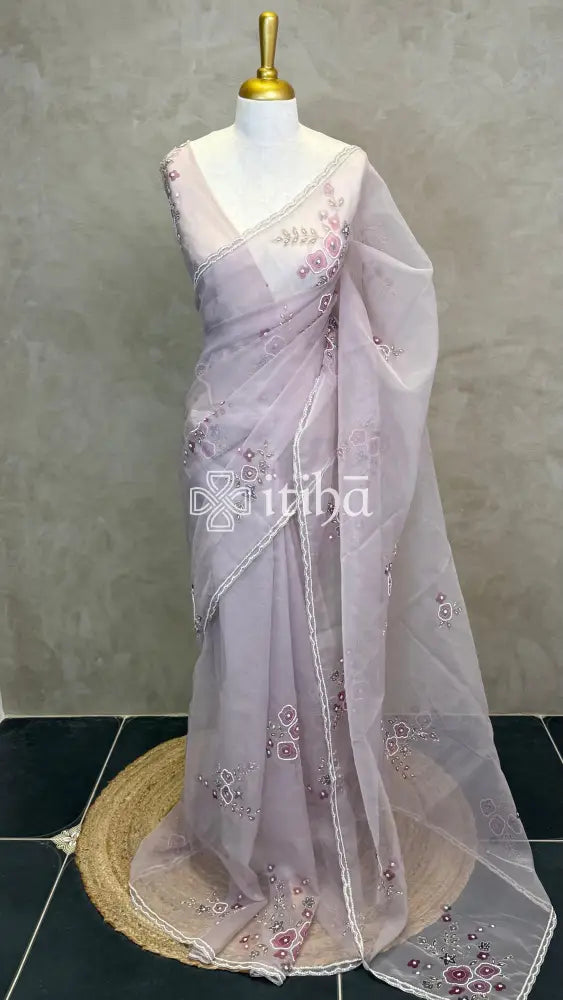 SILK ORGANZA FLORAL PRINTED EMBROIDERY SAREE