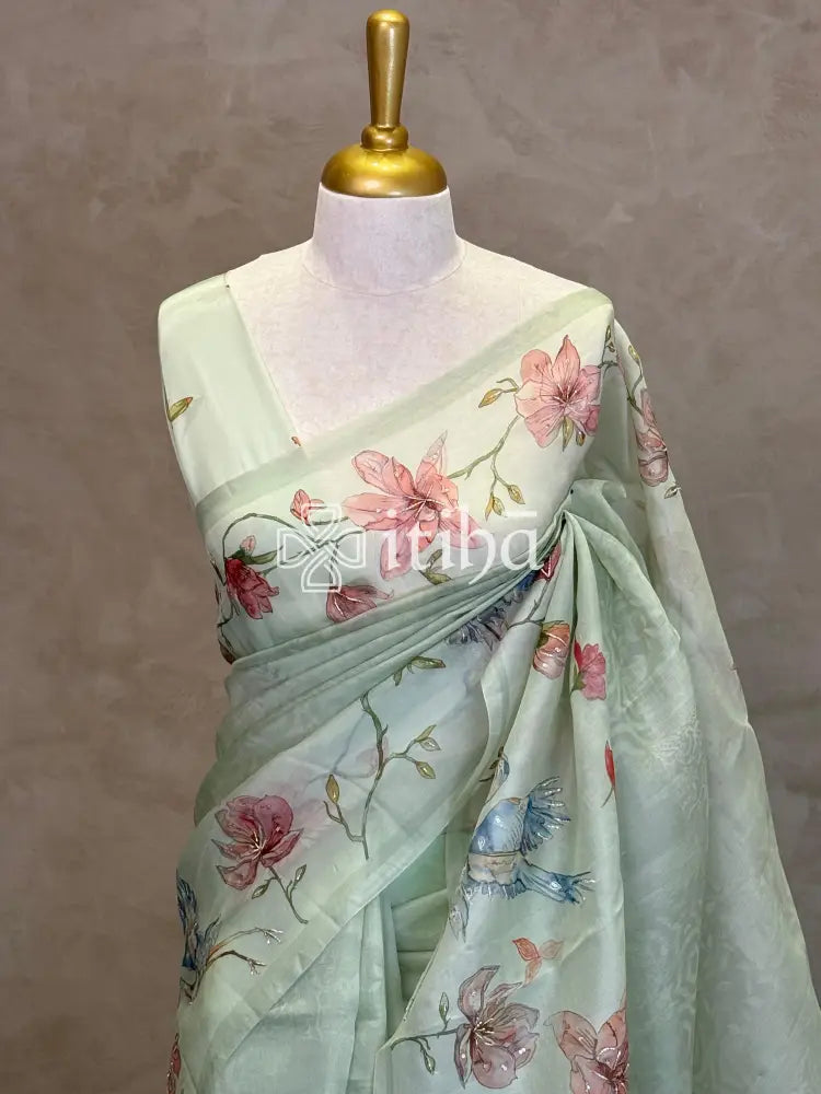 SILK ORGANZA FLORAL PRINTED EMBROIDERY SAREE